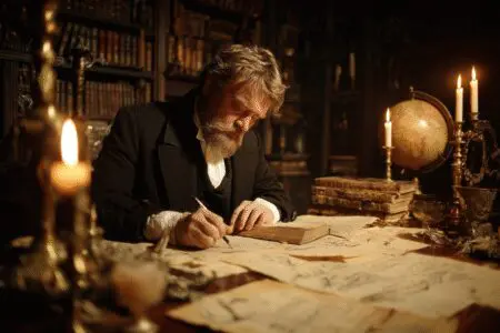 An image exploring the history facts of when the Rapture was added to the Bible showing a 19th-century scholar studying scripture