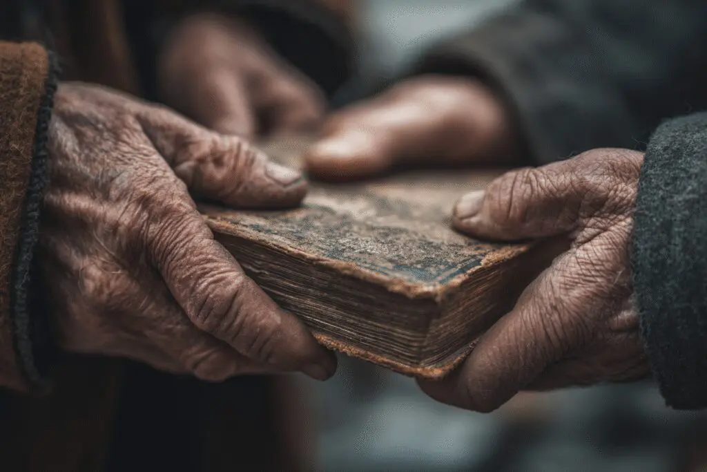 An old Bible being passed from one person to another answering the FAQ on what to do with old Bibles