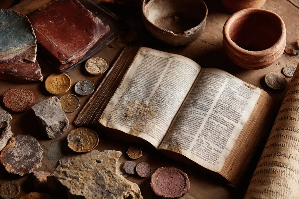 Archaeological artifacts next to a Bible representing the answer to the FAQ on what is the strongest evidence that the Bible is trustworthy Archaeological artifacts next to a Bible representing the answer to the FAQ on what is the strongest evidence that the Bible is trustworthy