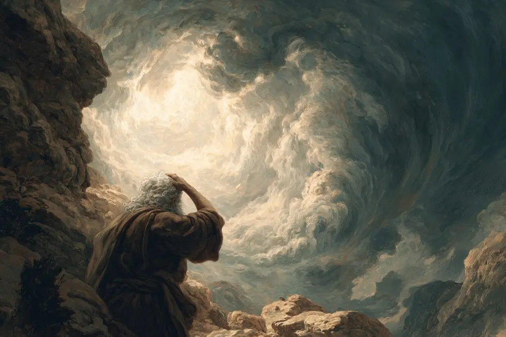 Depiction of Moses for the FAQ Who saw God face to face in the Bible showing his encounter with Gods glory on a mountain Depiction of Moses for the FAQ Who saw God face to face in the Bible showing his encounter with Gods glory on a mountain