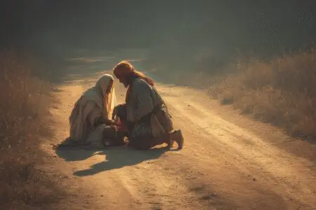 Depiction of what is true love according to the Bible illustrating Agape love with the Good Samaritan helping a stranger