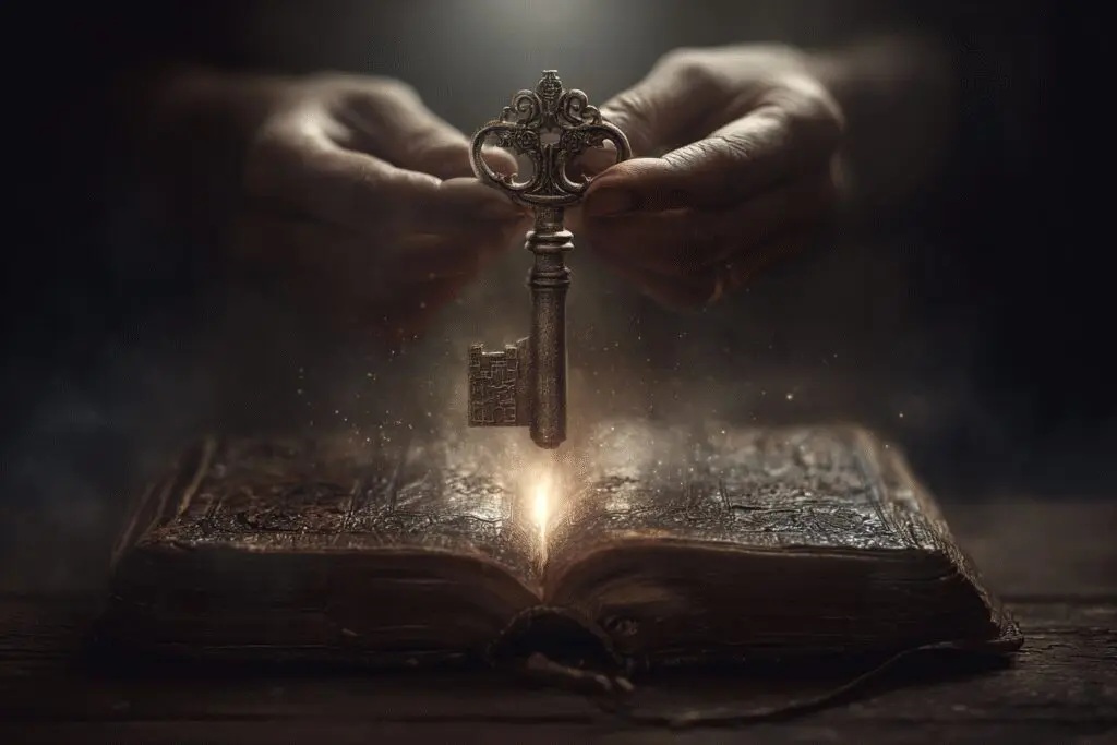 Hands using a key to unlock a Bible a guide on how to understand the Bible