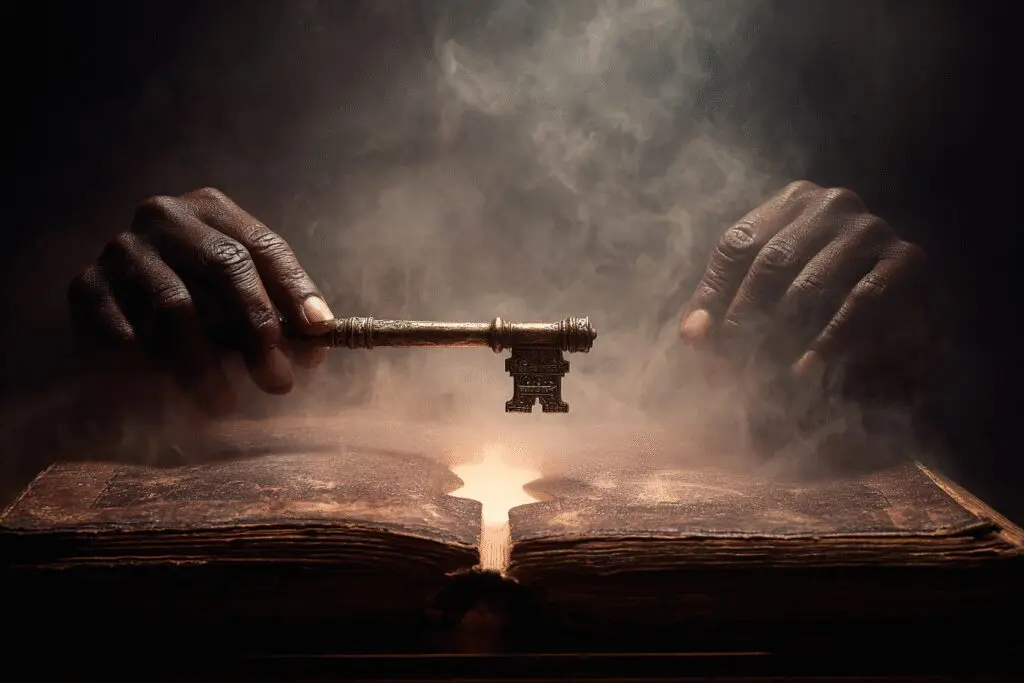 Hands using a key to unlock a Bible a guide on how to understand the Bible