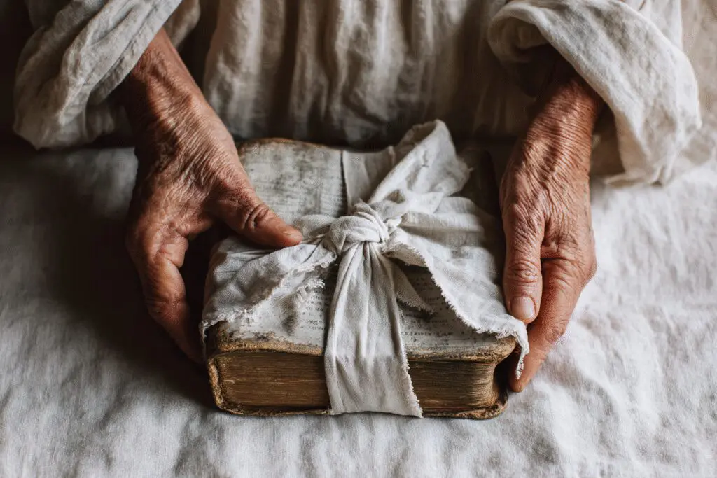 Hands wrapping an old Bible in a cloth demonstrating how to dispose of a Bible respectfully