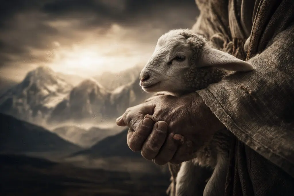 Symbolic art for the FAQ How is God described in the Bible showing his attributes of power and gentleness with a shepherd and lamb Symbolic art for the FAQ How is God described in the Bible showing his attributes of power and gentleness with a shepherd and lamb