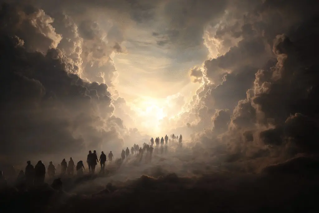Visual representation for the FAQ Where in the Bible does it speak of the Rapture showing people ascending into the clouds