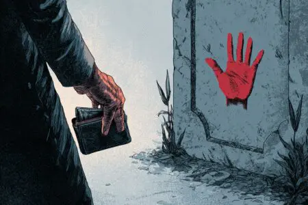 A hand reaching for a wallet with a commandment tablet in the background explaining what the Bible says about stealing