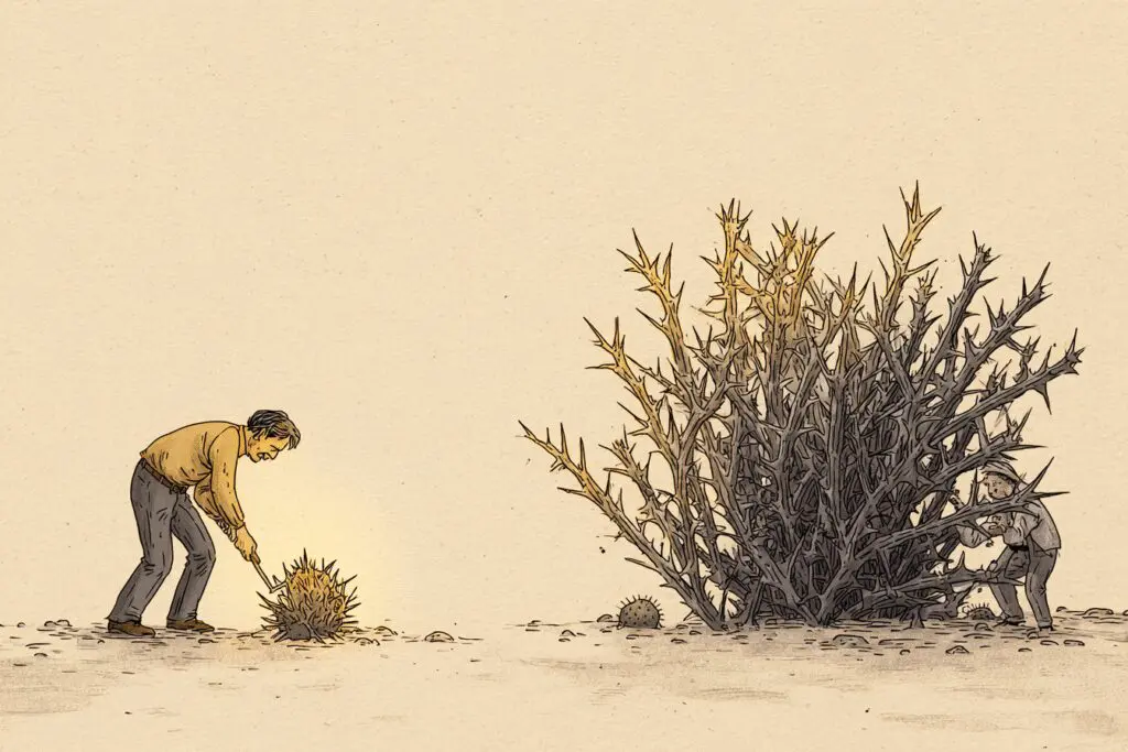 A person harvesting a thorny bush they planted a visual for is karma in the Bible