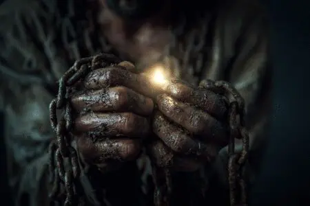 A person in chains holding a glowing key a metaphor for what the Bible says about addiction