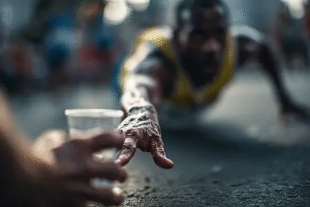 A runner being offered water to keep going a metaphor for scriptures that say dont give up