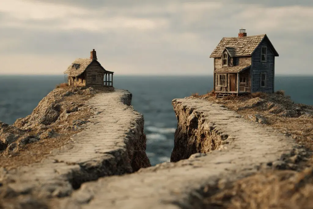 A solid house on a rock versus a crumbling house on sand illustrating what the Bible says about fools