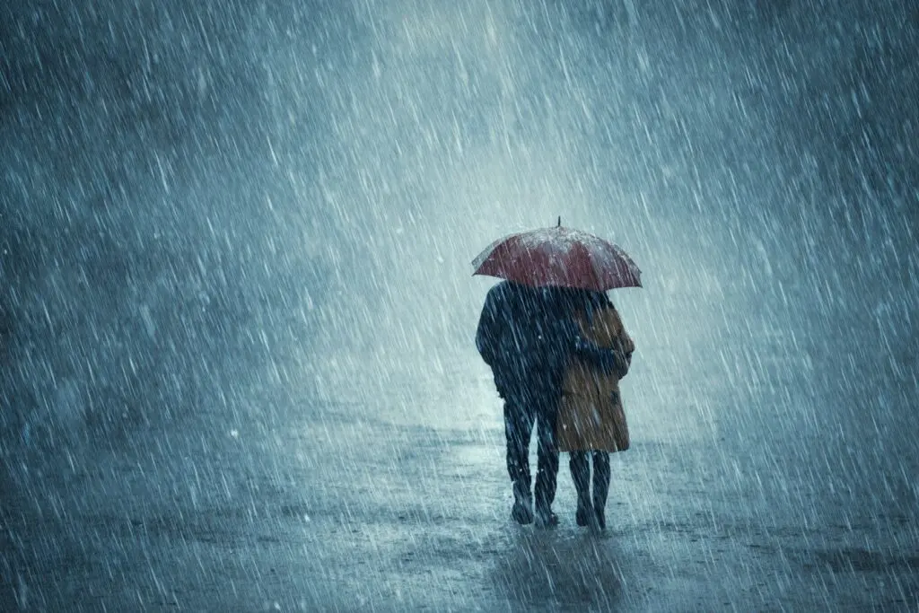 Two people sharing one umbrella in a storm a symbol of a faithful friend