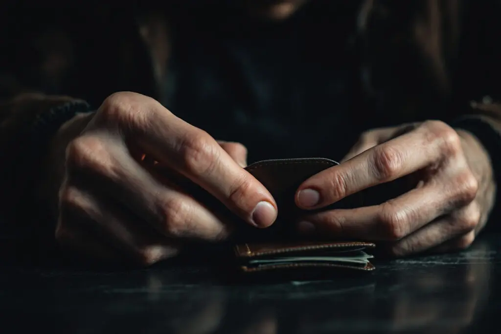 a close-up image of hands stealing a wallet from a table representing what the bible says about theft