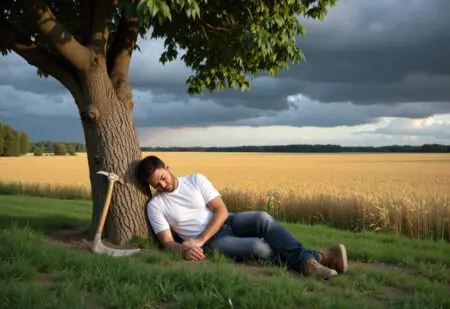 a farmer sleeping while his field becomes overgrown symbolizing the biblical warnings against procrastination