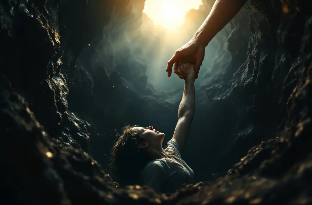 a hand reaching down from the light to pull a person from a dark pit symbolizing what the bible says about grace and redemption after failure