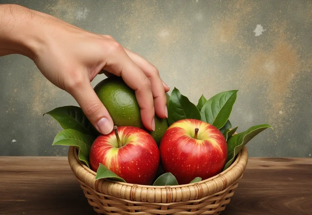 a hand stealthily removing an apple from an unattended basket illustrating what the bible says about stealing
