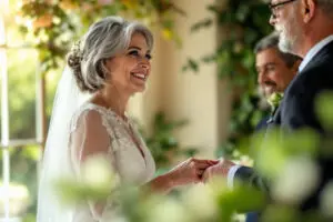 a hopeful image showing a mature couple in a small dignified ceremony addressing the question can a divorced woman remarry according to the bible