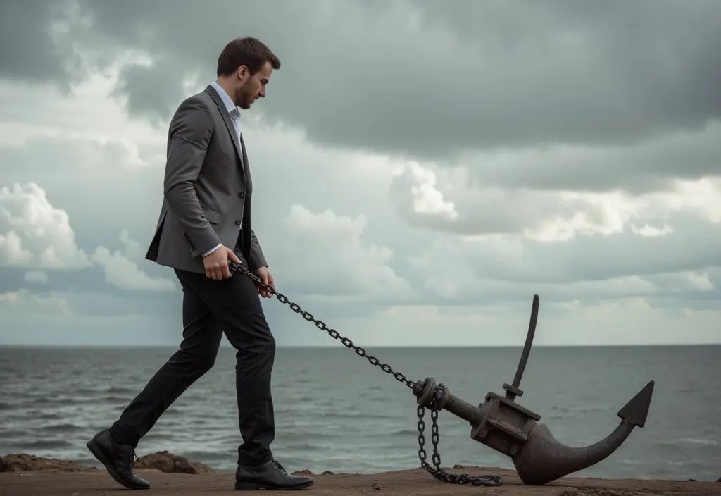 a person dragging a heavy anchor symbolizing the heavy burden described in what the bible says about guilt