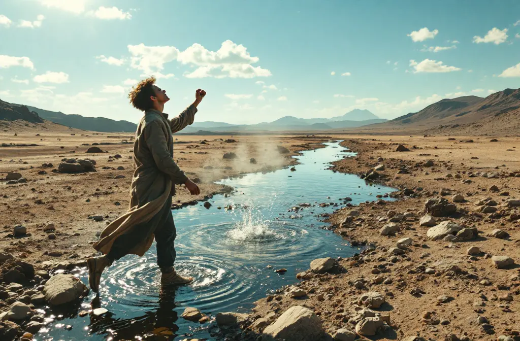 a person in a desert complaining to the sky ignoring the fresh water at their feet symbolizing what the bible says about complaining and ungratefulness