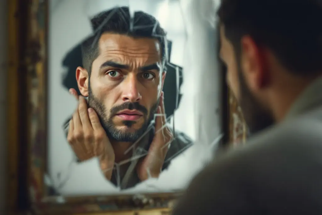 a person looking critically at their own distorted reflection in a tarnished mirror symbolizing self-examination over external criticism in line with what the bible says about judging others
