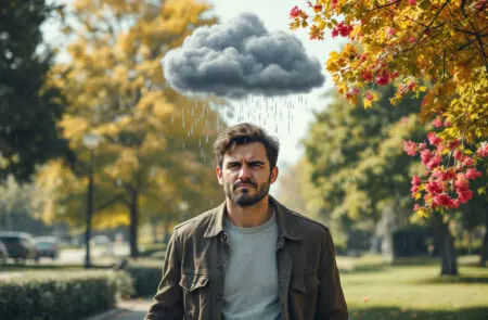 a person walking under their own personal rain cloud on a sunny day representing what the bible says about complaining and a lack of gratitude