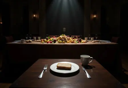 a simple meal highlighted on a lavish table representing what the bible says about gluttony