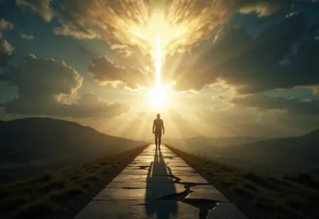 a single narrow path illuminated by divine light among many other paths representing a biblical perspective on truth