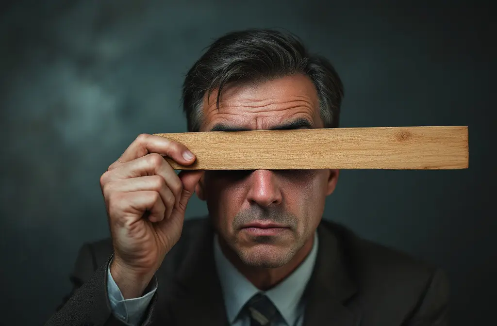 a symbolic image of a person with a plank in their own eye trying to remove a speck from anothers representing what the bible says about condemning others