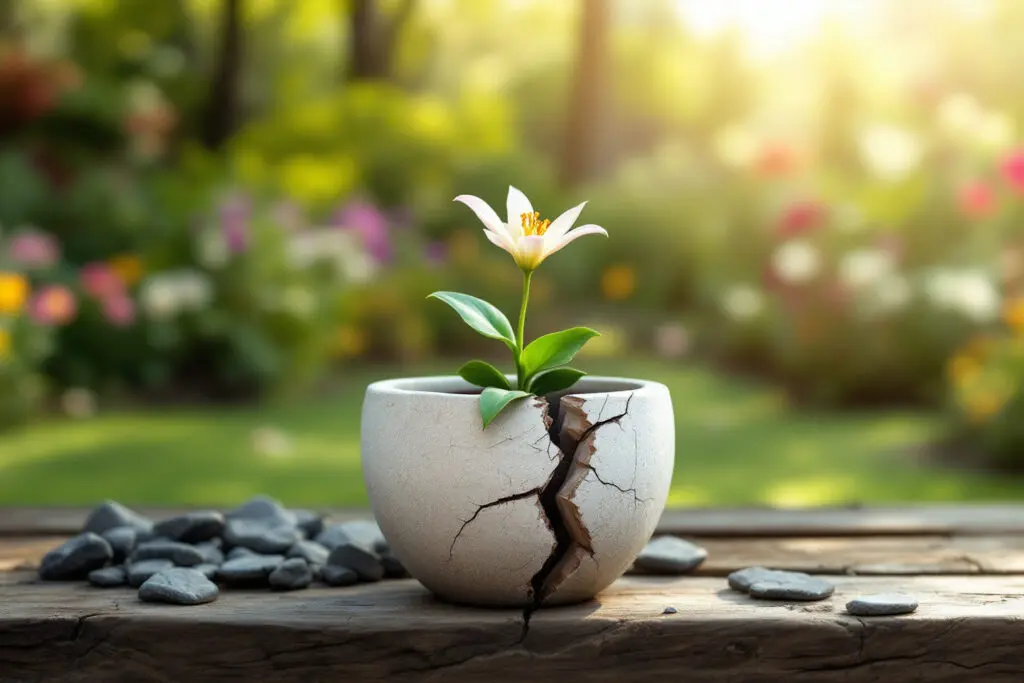 a vibrant flower blooming from a mended cracked pot symbolizing renewal and new beginnings addressing can a divorced woman remarry according to the bible