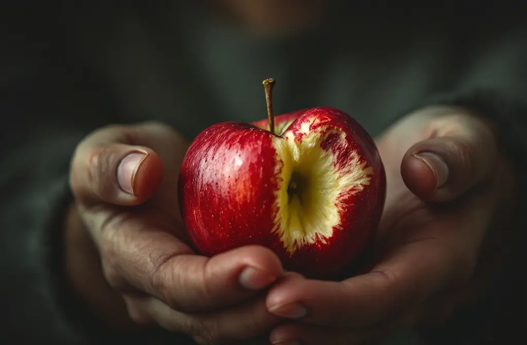 an apple rotting in a persons hand as they look on with jealousy representing what the bible says about envy
