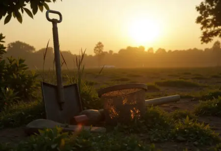 farming tools set aside in a field at sunset symbolizing the importance of sacred rest