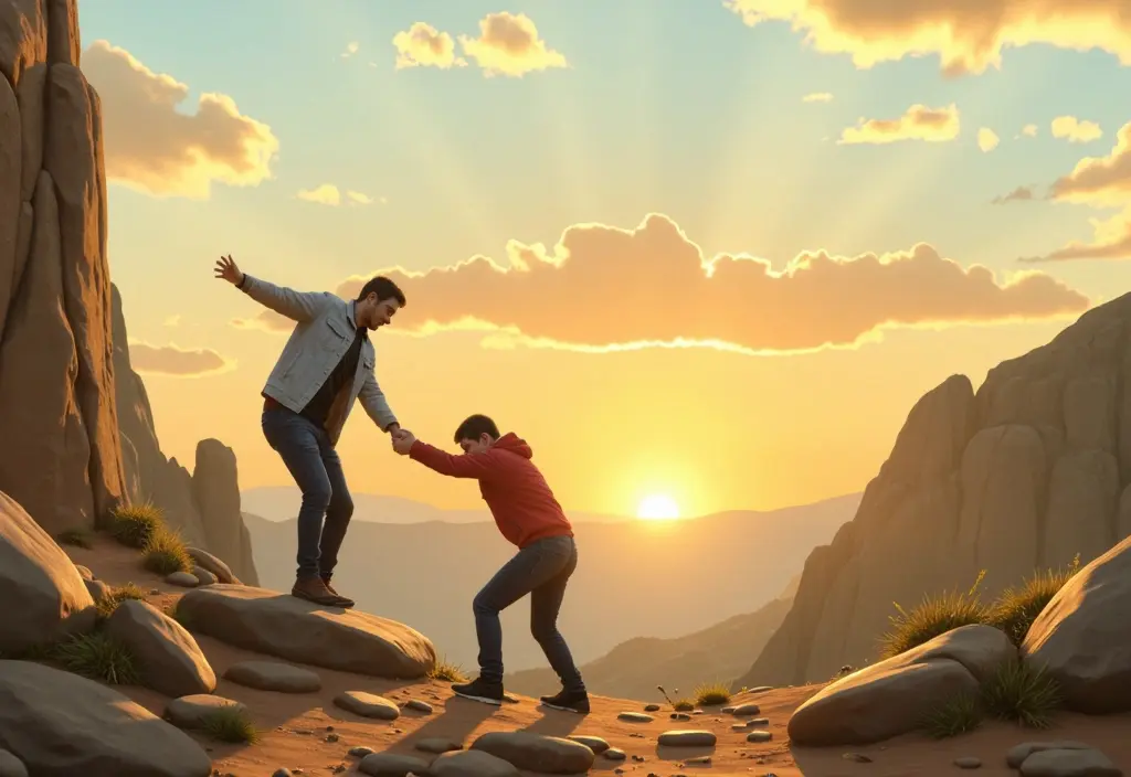 two people helping each other on a difficult path illustrating what the bible says about friendship