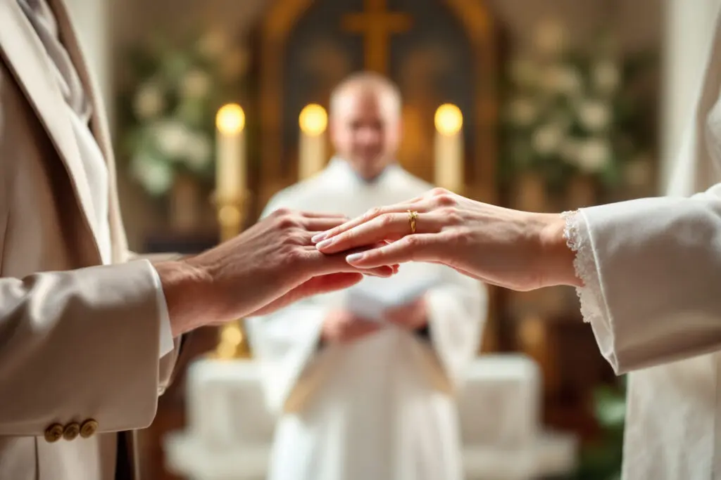 a close-up of a bride and groom exchanging wedding rings before a church altar a visual representation of how to get married according to the bible