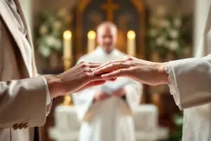 a close-up of a bride and groom exchanging wedding rings before a church altar a visual representation of how to get married according to the bible