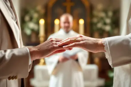 a close-up of a bride and groom exchanging wedding rings before a church altar a visual representation of how to get married according to the bible