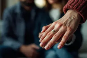 a close-up of a hand with a wedding ring inappropriately holding anothers hand representing the betrayal of trust related to is kissing adultery in the bible