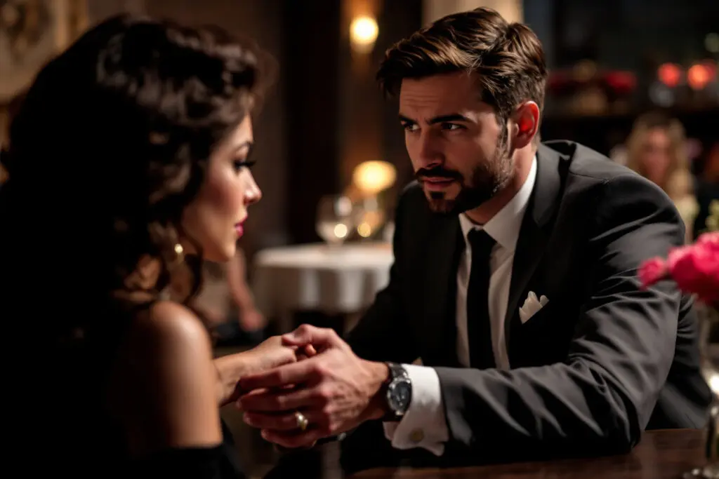 a married man politely but firmly withdrawing from a flirtatious interaction symbolizing the setting of boundaries in situations related to is kissing adultery in the bible