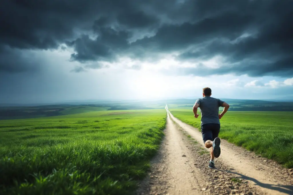 a person running determinedly towards a bright light and away from a dark storm a visual metaphor for how to resist sexual temptual according to the bible