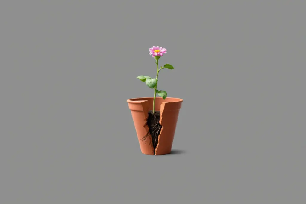 a single flower struggling to grow from a physically split pot symbolizing the division and difficulty inherent in polygamy as a sin according to the bible