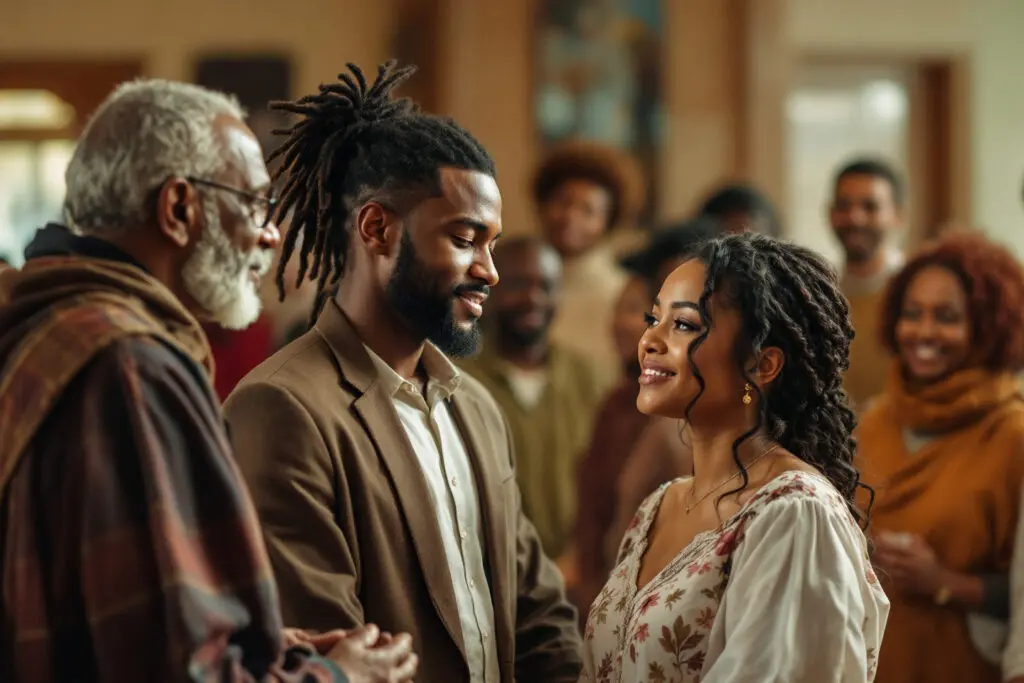 a young couple making sacred vows before a pastor and congregation illustrating how to get married according to the bible