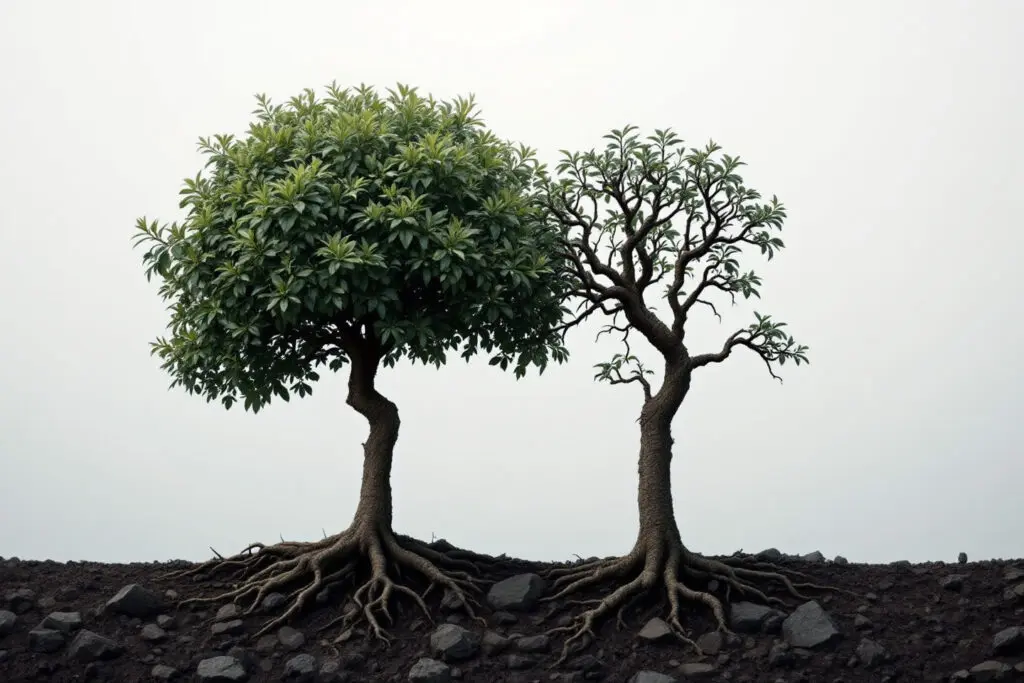 two unnaturally entangled and stunted trees visually representing the disordered and unproductive nature of incest as a sin in the bible