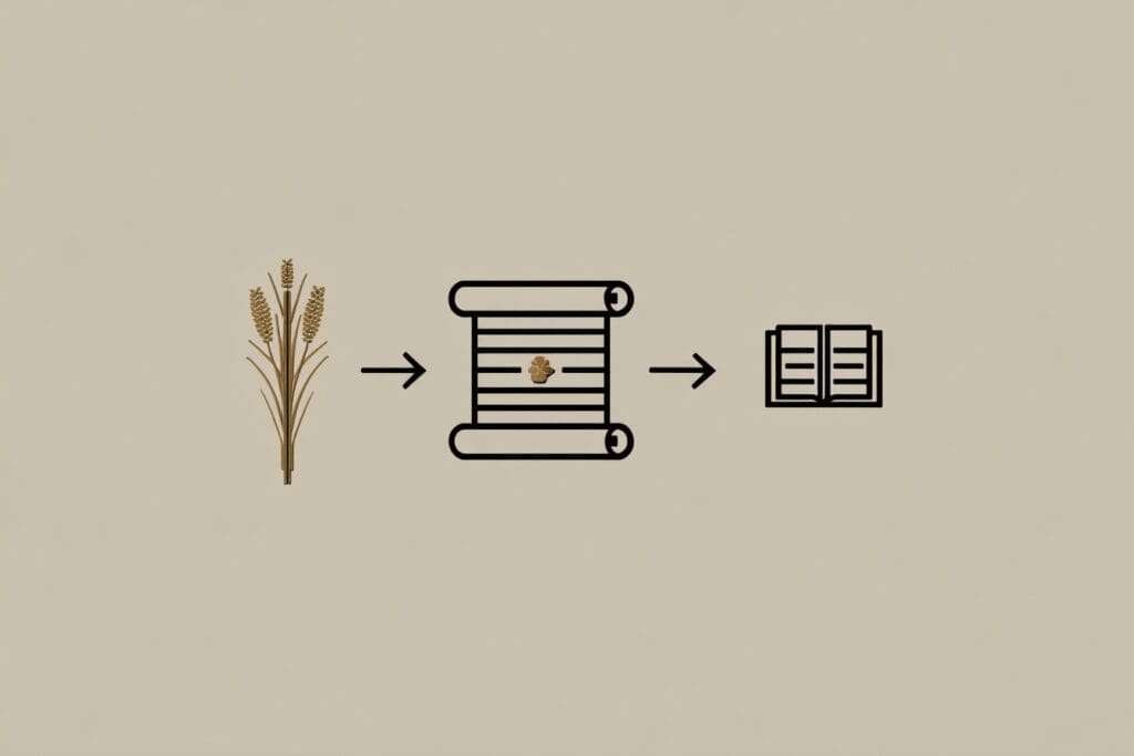 A diagram showing the words origin from papyrus to scroll to book answering the FAQ why is it called the Bible