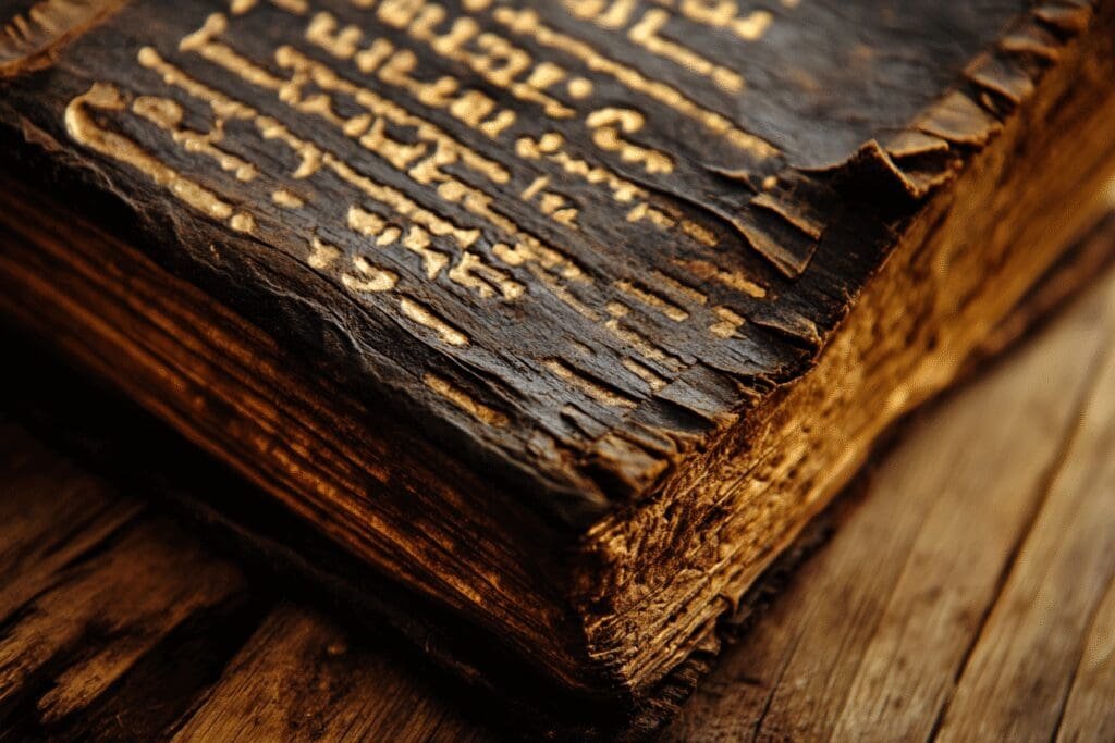 A dramatic close-up on the first word of Genesis in an ancient Bible, suggesting a surprising fact