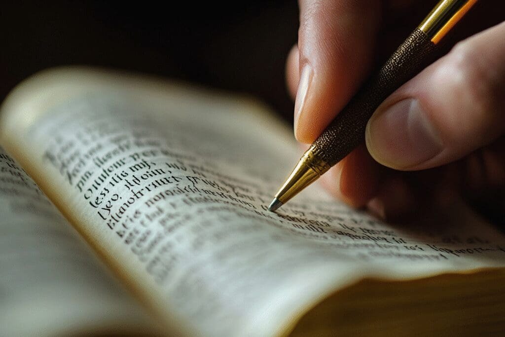 A hand writing a Bible verse, with subtle tips appearing, representing expert advice on writing verses