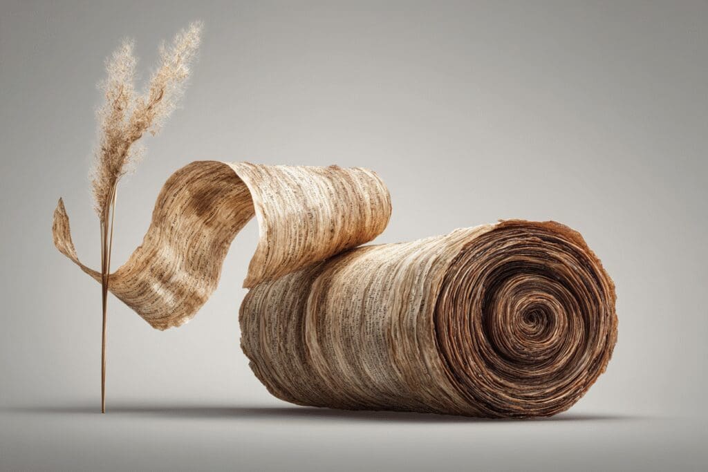 A papyrus reed evolving into a book showing the answer to the FAQ on where did the word Bible come from