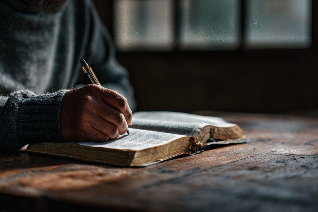 A person writing notes from a Bible demonstrating the FAQ on how to study Bible scriptures