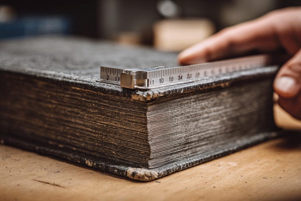 A ruler measuring the thickness of a Bible answering the FAQ on how many pages in the Bible