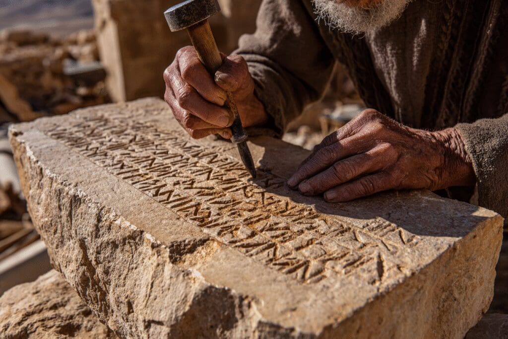 A scribe carving on stone tablets answering the FAQ on who wrote the first five books of the Bible