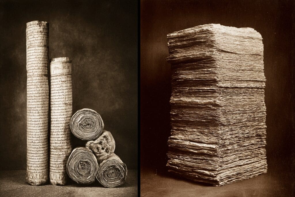 A tiny stack of manuscripts next to a huge one answering the FAQ on how many copies of Plato survived compared to the Bible