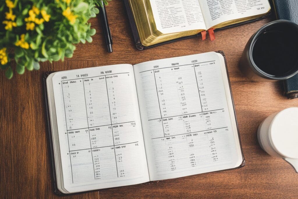 A wall calendar with checkmarks and an open Bible on a desk, illustrating a successful plan to read the Bible in a year.